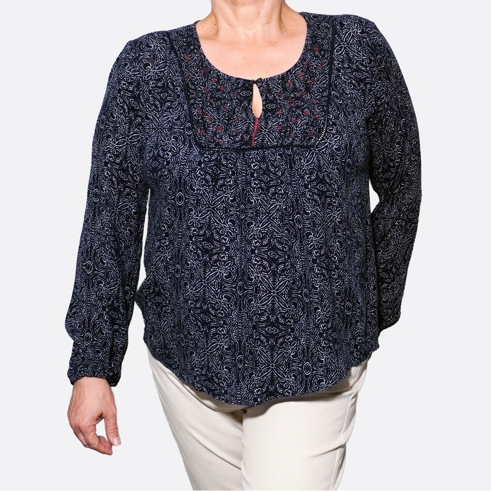 Embroidered‎ Peasant Blouse M L 10 12 Navy 100% Viscose by Graham & Spencer